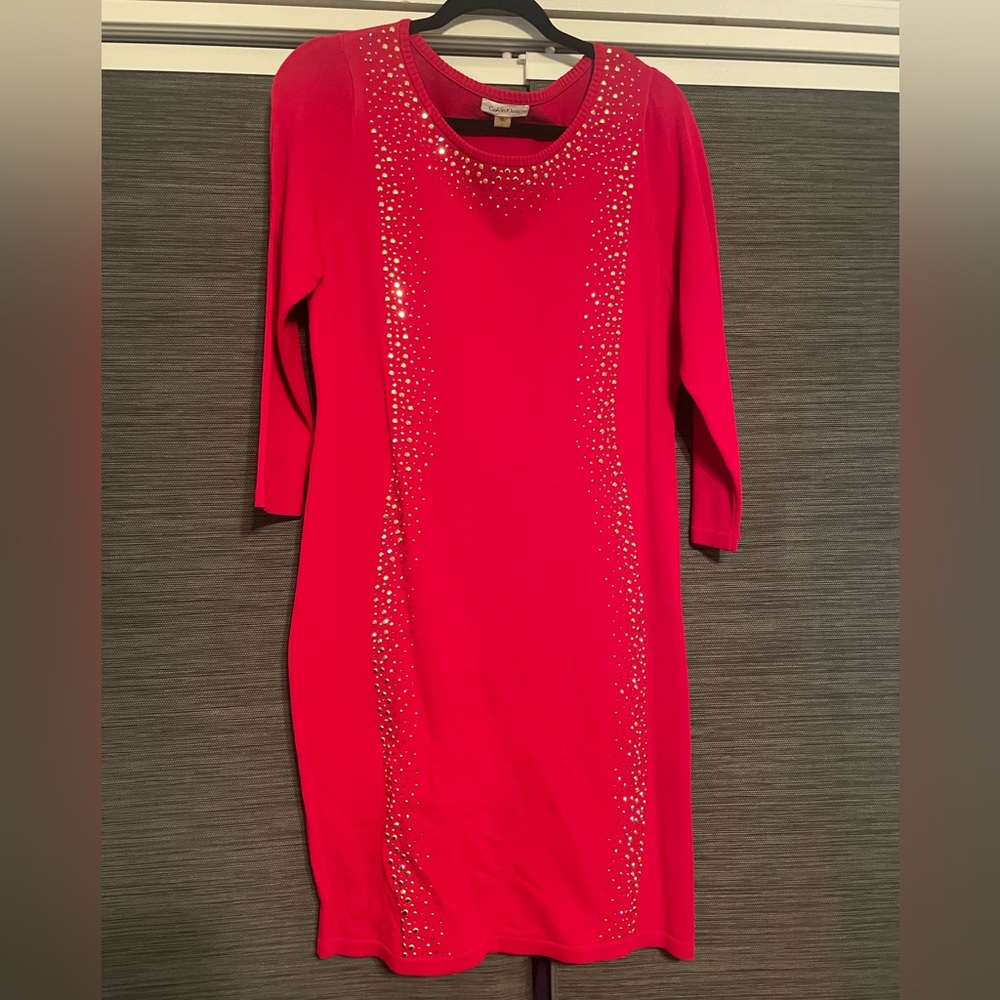 Red Size L Calvin Klein Women’s Dress with Sparkle Detail 3/4 Sleeve